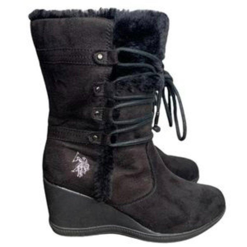 (NEW) U.S. Polo Assn. Karina Lace Up Wedge Heel Boots Size 8 - Black
